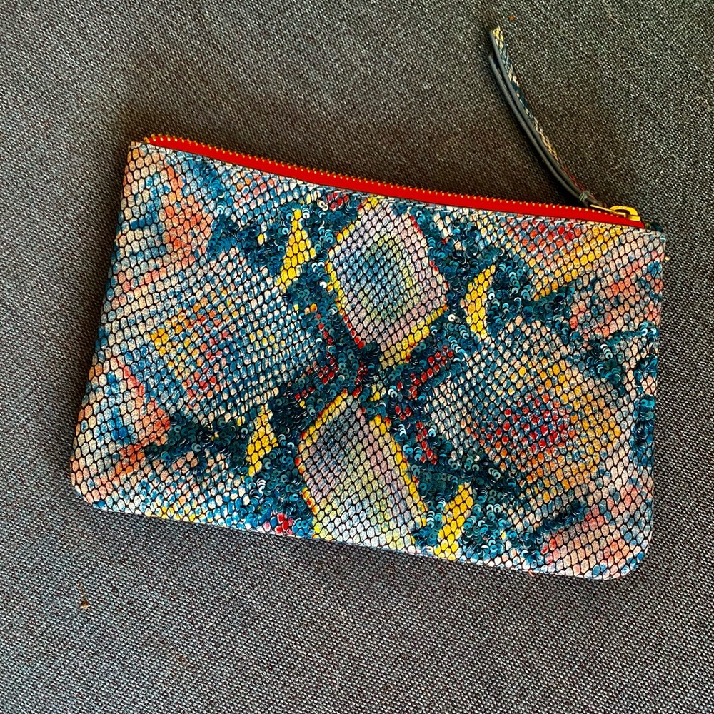 Anthropologie Sequined Snake-Printed Clutch, Teal, Yellow and Coral. Leather